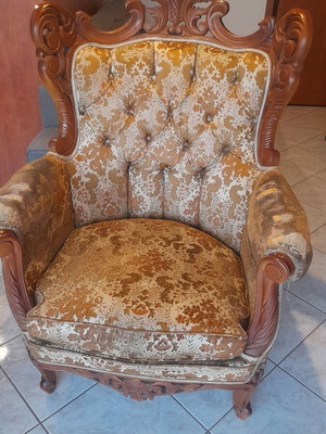 Armchair bergere with carved wood, partial fabric replacement needed