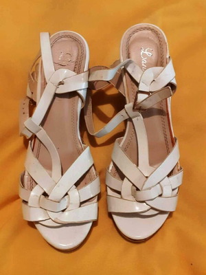 White wedge sandals like new with braided straps and cork sole