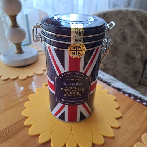 Metal biscuit tin with triple chocolate chunks, new, England