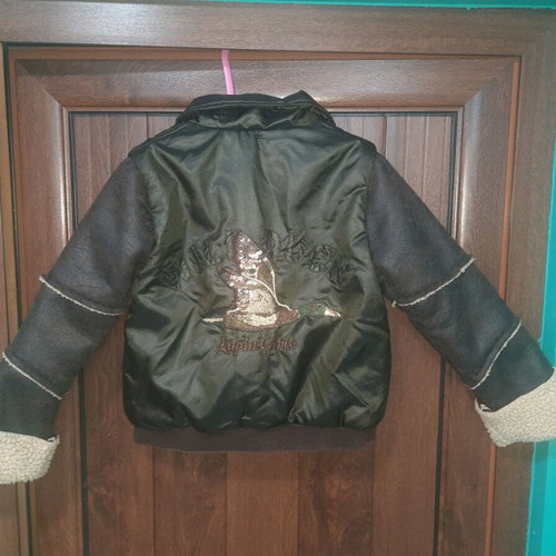 Lapin children's warm jacket like new with leather sleeves brown and green