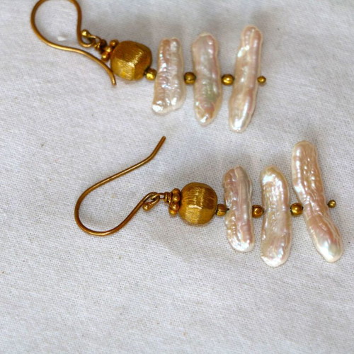 Gold Earrings Raw Pearls with 22K Gold Plated Clasp New