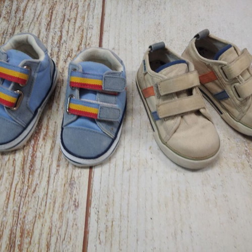 Baby shoes used, 2 pairs size 12 months and 21, with stencil figures gift