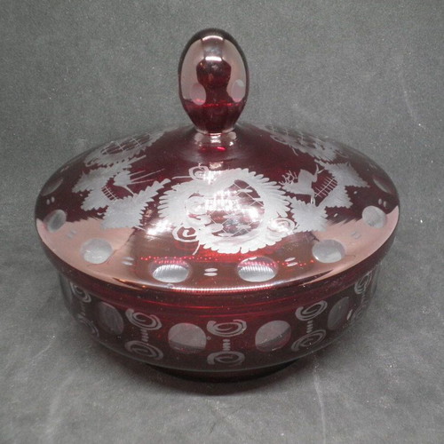 Bohemian antique prewar ruby Egermann fondant dish used