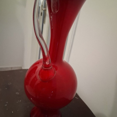 Glass vase deep red with transparent handle, like new