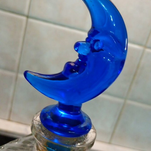 Crystal carafe like new with blue crescent moon lid