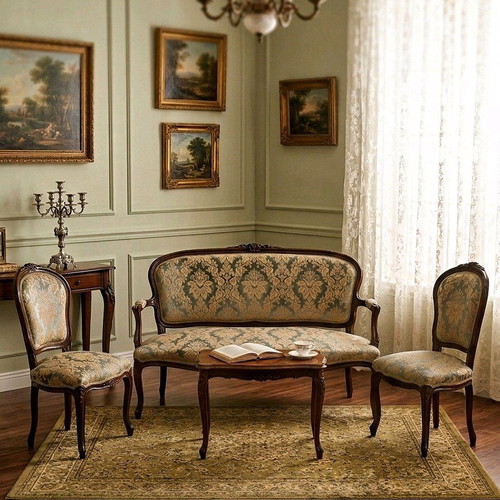 Σετ σαλονιού Louis XV στυλ σαν καινούργιο, 5 τεμάχια, μασίφ ξύλο καρυδιάς 1950