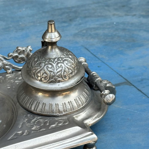 Vintage double metal inkwell with embossed decoration