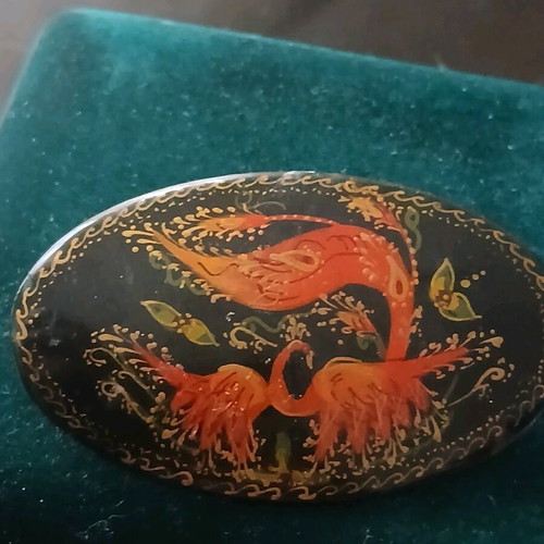 Handmade Russian brooch painted with signature on lacquer like new