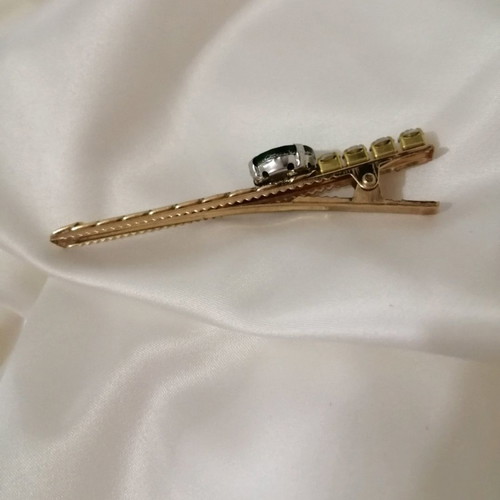 Hair clip new gold color with silver rhinestones and green gem