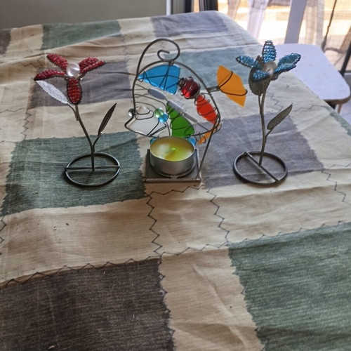Set of three handmade decorative candle holder and flowers