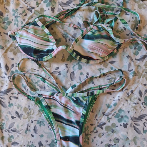 H&M bikini like new, green and pink with cords, size S