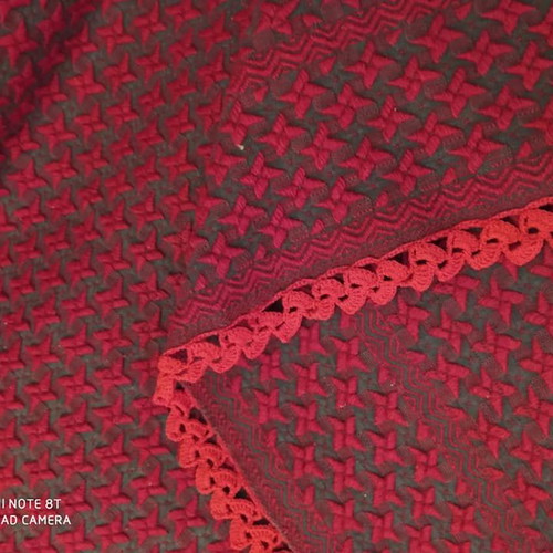 Woven wool blanket like new, red with handmade lace