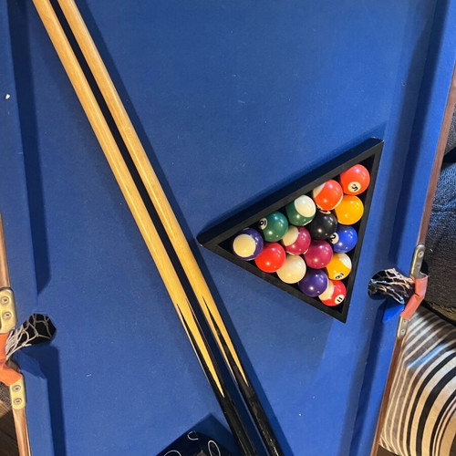 Billiard table used 90x50cm with balls, triangle, rest, and two cues