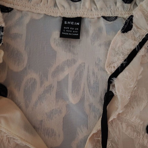 Shein romantic beige blouse with black polka dots and velvet ribbon