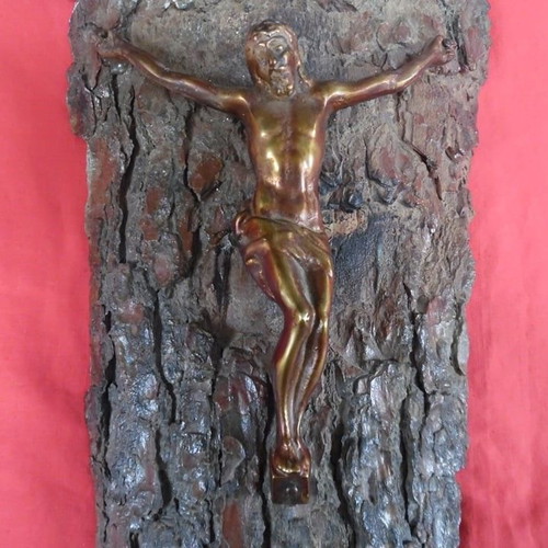 Wall hanging with bronze Christ statue on pine wood