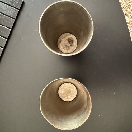 Set of 2 used carved metal cups made of silver-plated bronze