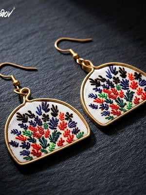 Henri Matisse earrings with 1953 painting, handmade, multicolor, gold-tone