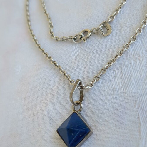 Silver Necklace 925 with Geometric Blue Pendant like new, 40cm