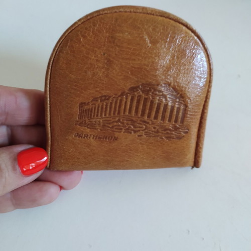 Vintage leather Greek coin purse with Parthenon pyrography, like new