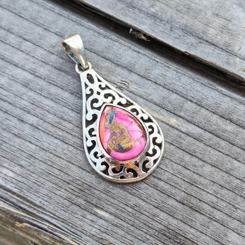 Silver pendant with pink oyster copper turquoise new