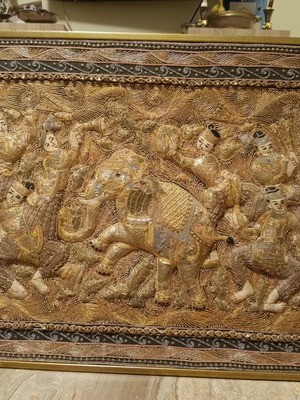 Handmade traditional embroidered textile painting Burma technique