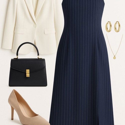 Classic dark blue linen dress with stripes FIDÈLE