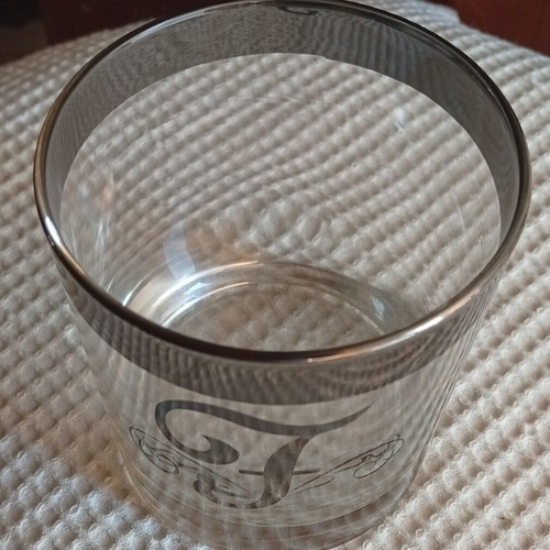 Vintage lowball glass with silver band and monogram F