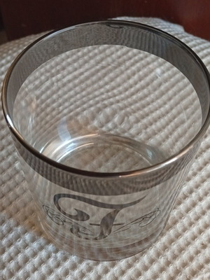Vintage lowball glass with silver band and monogram F