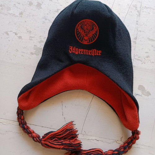 Jägermeister orange ear-flap beanie with pom-pom used like new