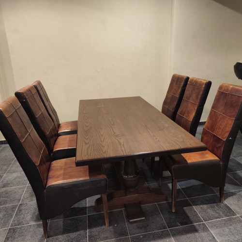 Solid Wood Dining Set with 6 High-Back Leather Chairs used