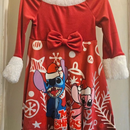 Girls' red Christmas dress with Stitch & Angel print