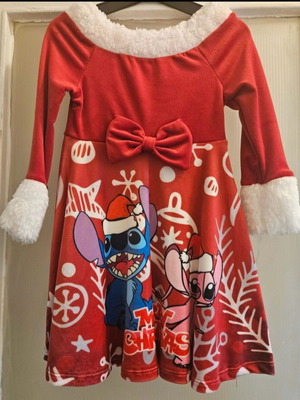 Girls' red Christmas dress with Stitch & Angel print