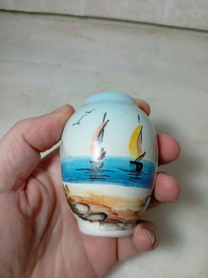 Small ceramic vase with handmade sailing painting like new
