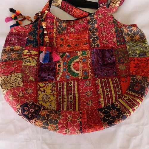 Patchwork cotton crossbody bag new, burgundy with patterns