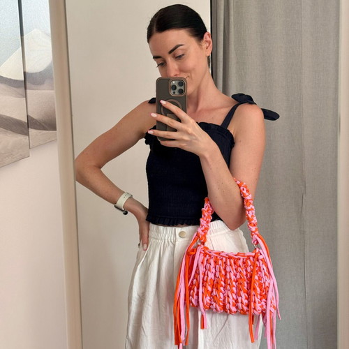 Handmade Crochet Fringe Bag new, pink and orange t-shirt yarn handbag
