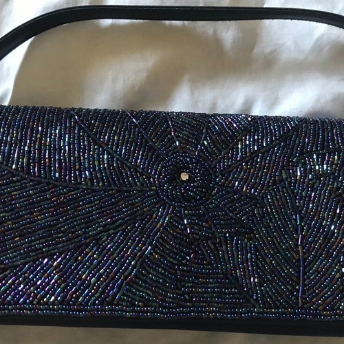 Mandarini evening bag clutch with iridescent beads new, blue satin