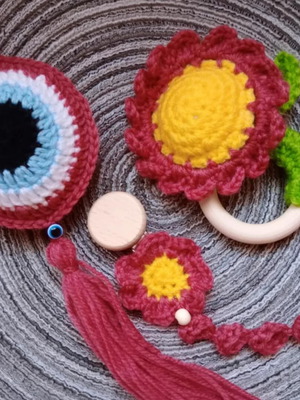 Handmade baby gift set new with rattle, evil eye, and pacifier clip