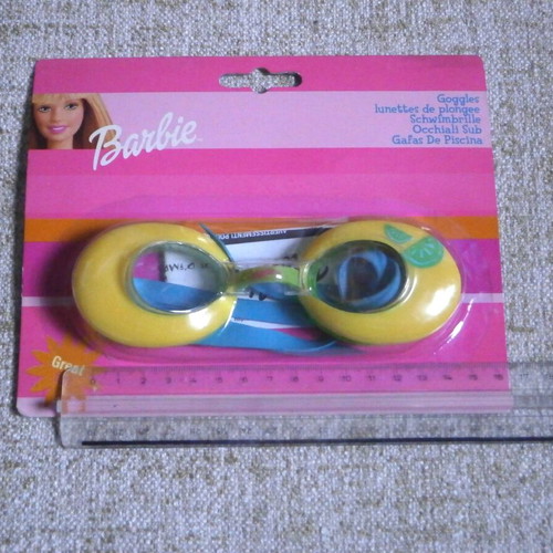 Barbie set of 4 inflatable boat, life buoy, swimming goggles, rackets new with box