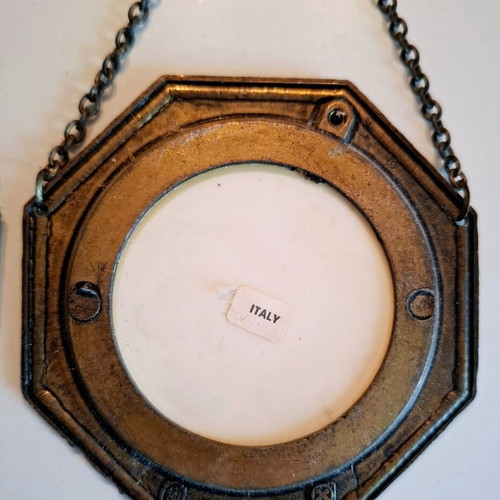 Vintage Italian set of 3 decorative wall plates with metal frame used