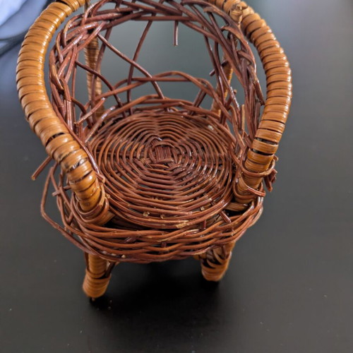 Vintage doll furniture set used, including Baboo chair, basket, lace box