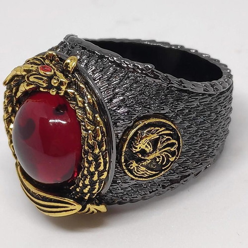 Blood Dragon's Eye Gothic men's ring, bronze with red stone and dragon relief