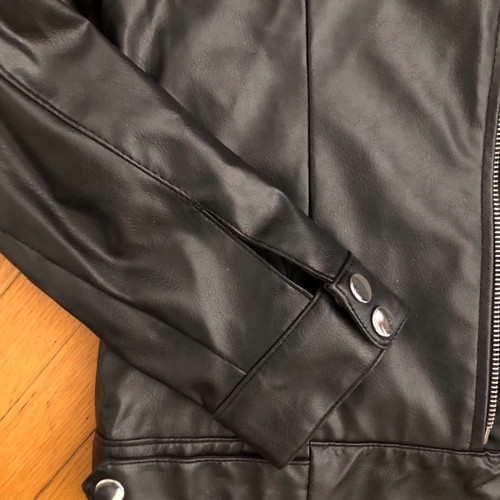 Black biker faux leather jacket used, size S/M