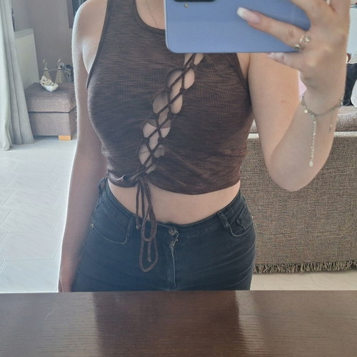 H&M Divided Brown Crop Top with Asymmetric Lace-Up Cut-Out Size S like new