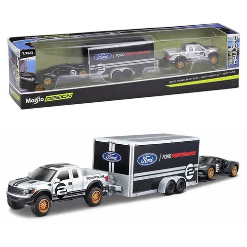 Maisto 1:64 Ford Raptor 2010 with Trailer and Ford GT 2017 new