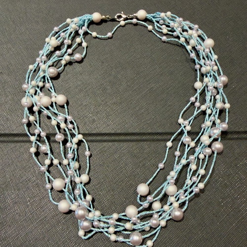 Multi-strand light blue and pearl-beaded necklace, 47cm
