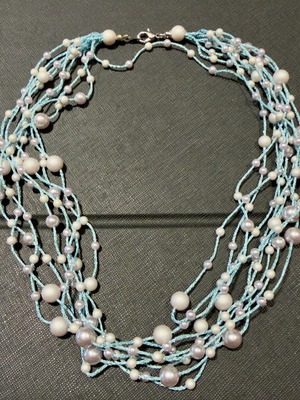Multi-strand light blue and pearl-beaded necklace, 47cm