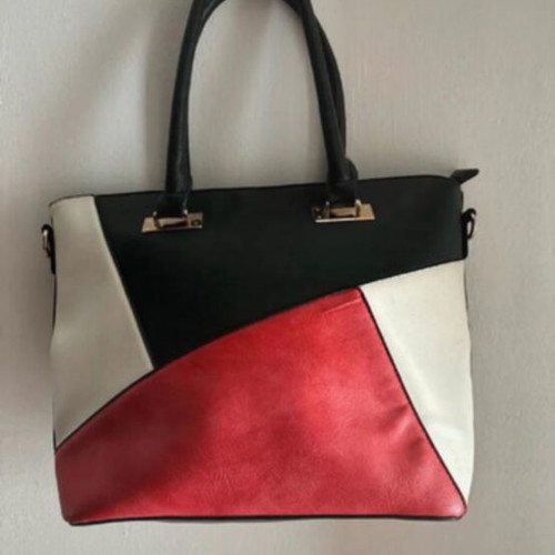 Shoulder bag used, black and red, spacious with strap