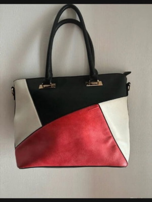 Shoulder bag used, black and red, spacious with strap