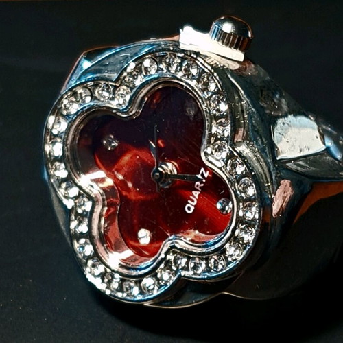 Four-Leaf Clover Ring like new with crystals, quartz watch and red dial
