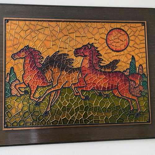 Handmade embossed chalcography painting on wood vintage 1980s like new